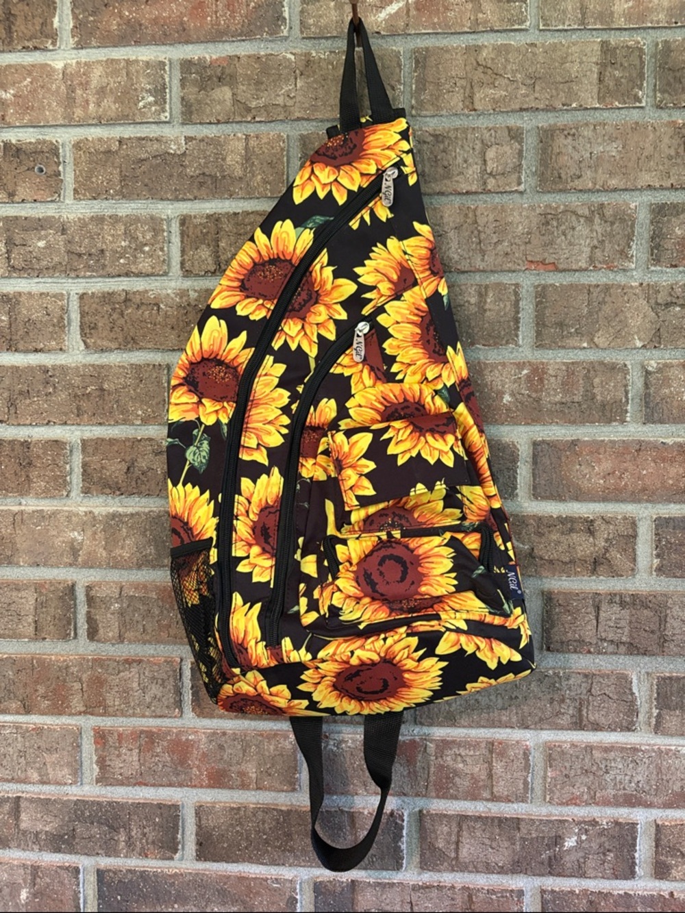 Sunflower Print Sling Backpack - Black & Yellow